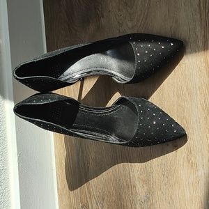 Black velvet heels with gold spots